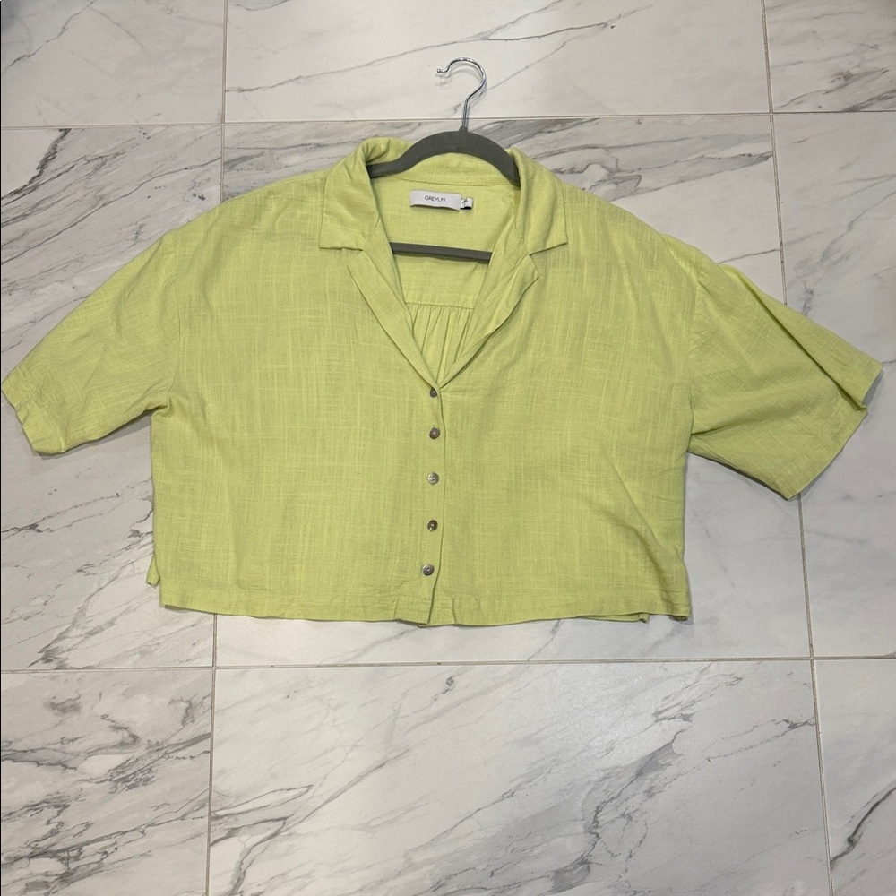 Greylin Lime Button-Down Cropped Blouse